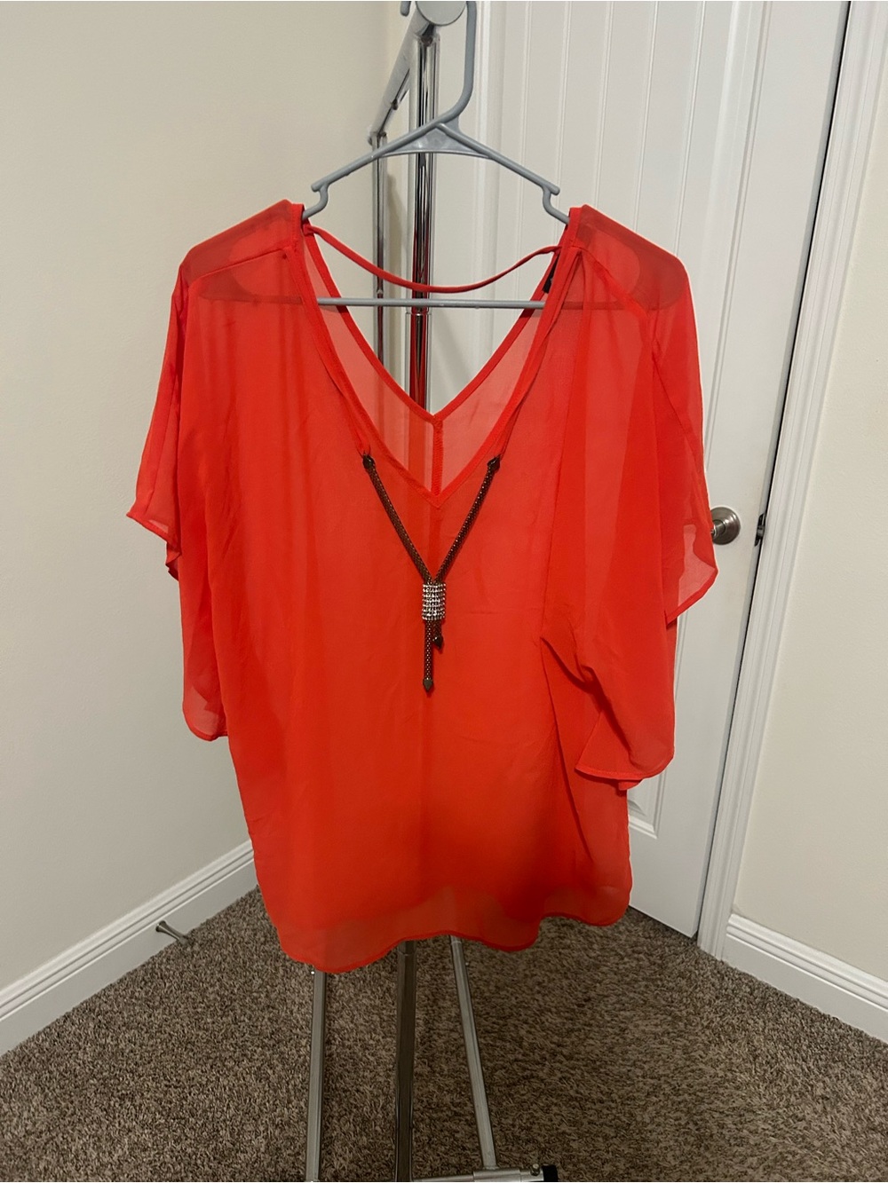 Bright orange Sheer V-Neck Blouse with Necklace Detail